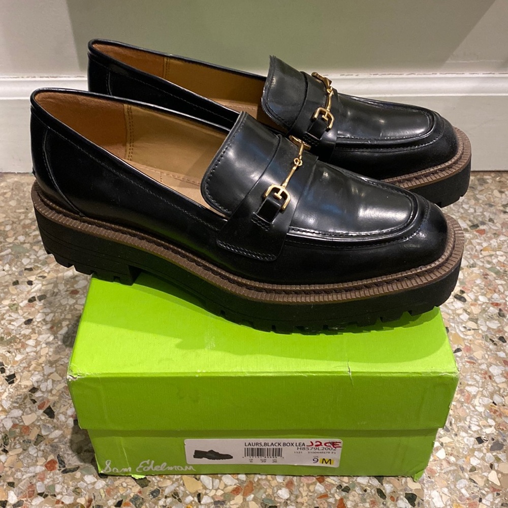 Sam Edelman Womens Laurs Black Leather Lug Sole Slip-On Loafers Shoes NWT